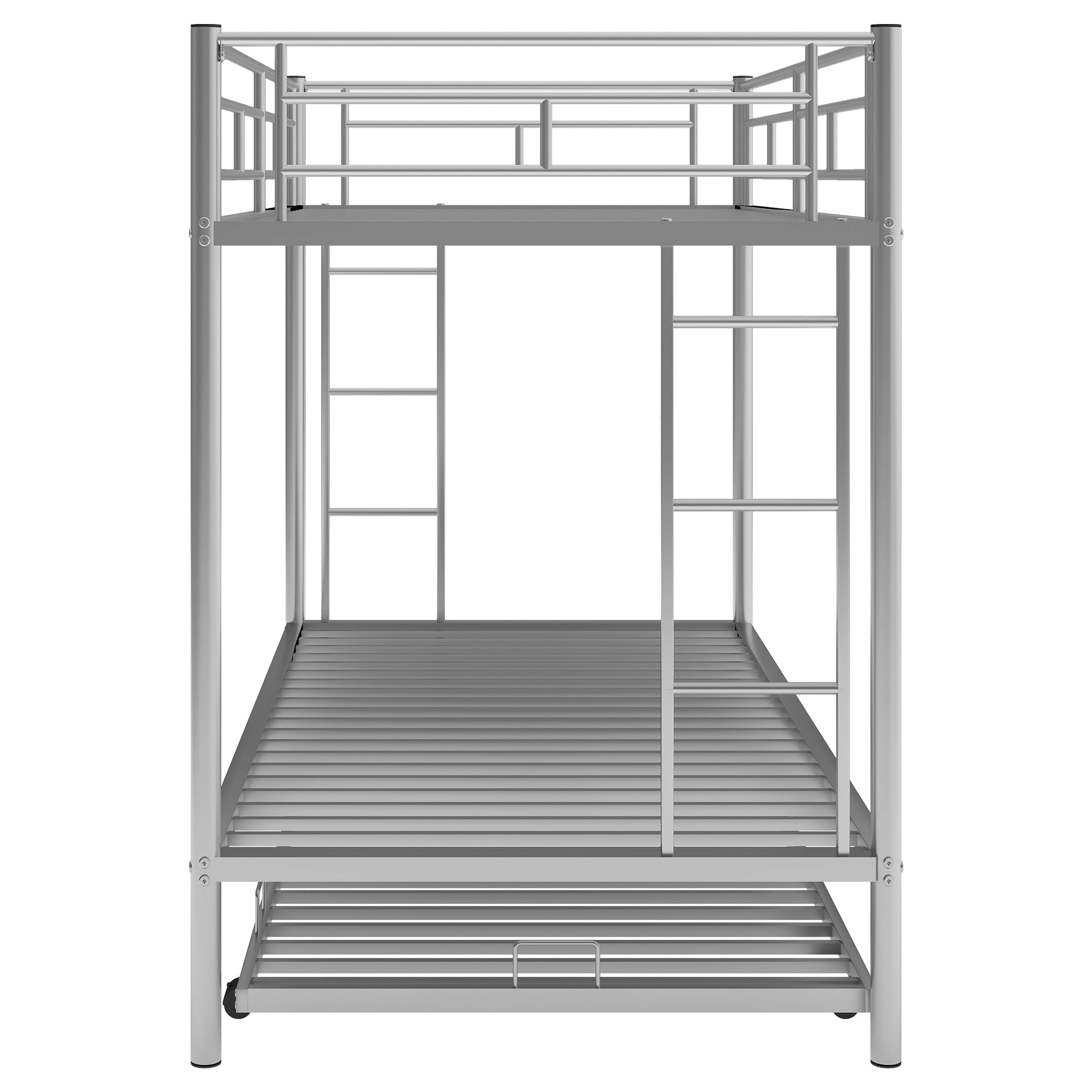 Euroco Modern Metal Twin over Twin Bunk Bed with Trundle for Kids Teens, 3 Twin Size Beds, Solid Ladder and Safety Guardrails, Silver