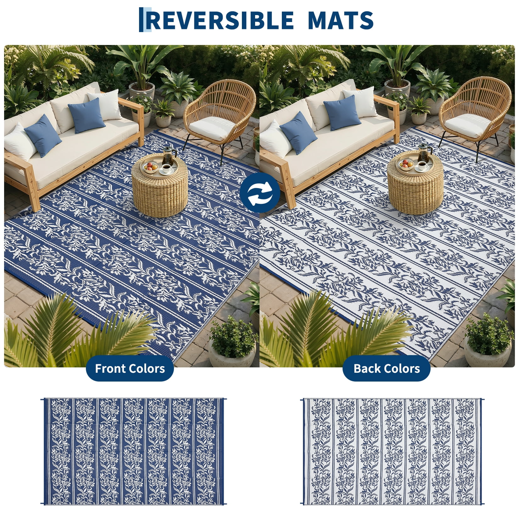 Nanan Outdoor Rug 8'x10' Waterproof Reversible Outdoor Patio Rug Plastic Straw Floral Mat for Camping Balcony Backyard RV Picnic, Dark Blue White