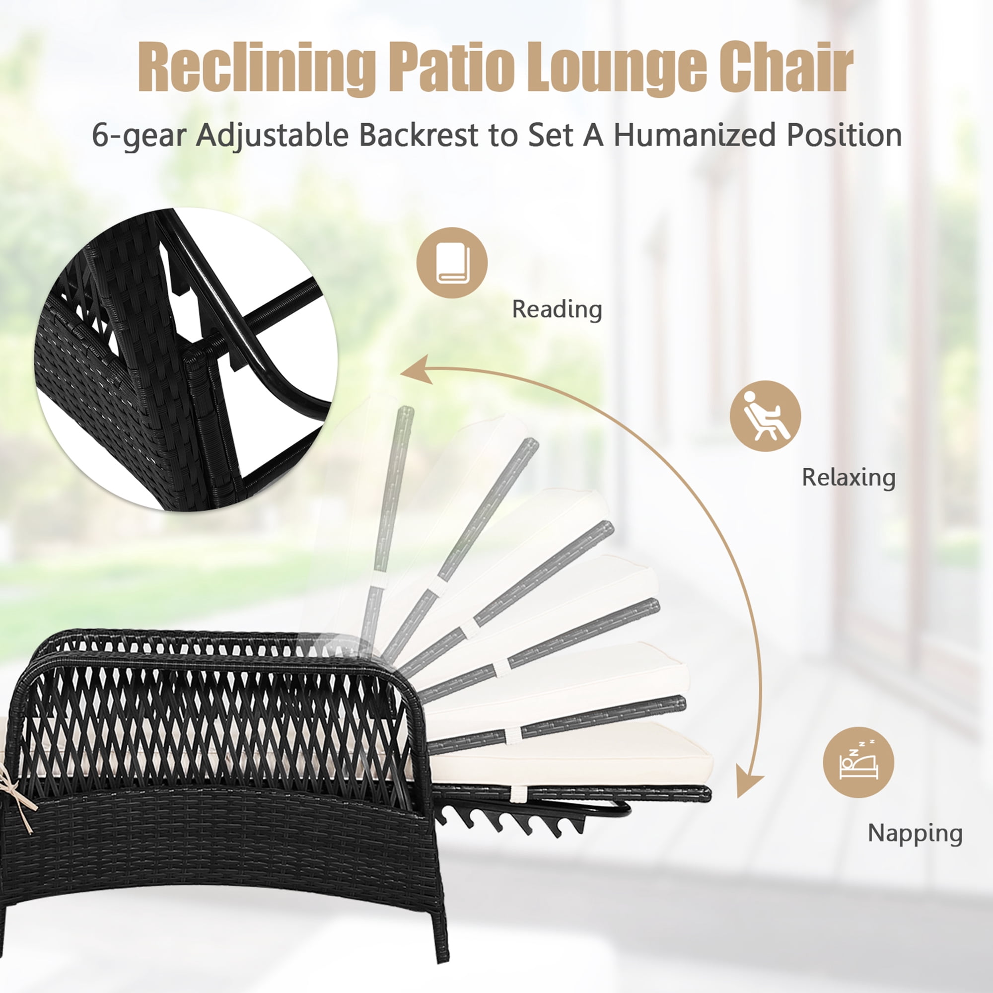 Gymax with Cushion PE Wicker Outdoor Chaise Lounge - Off-White and Black
