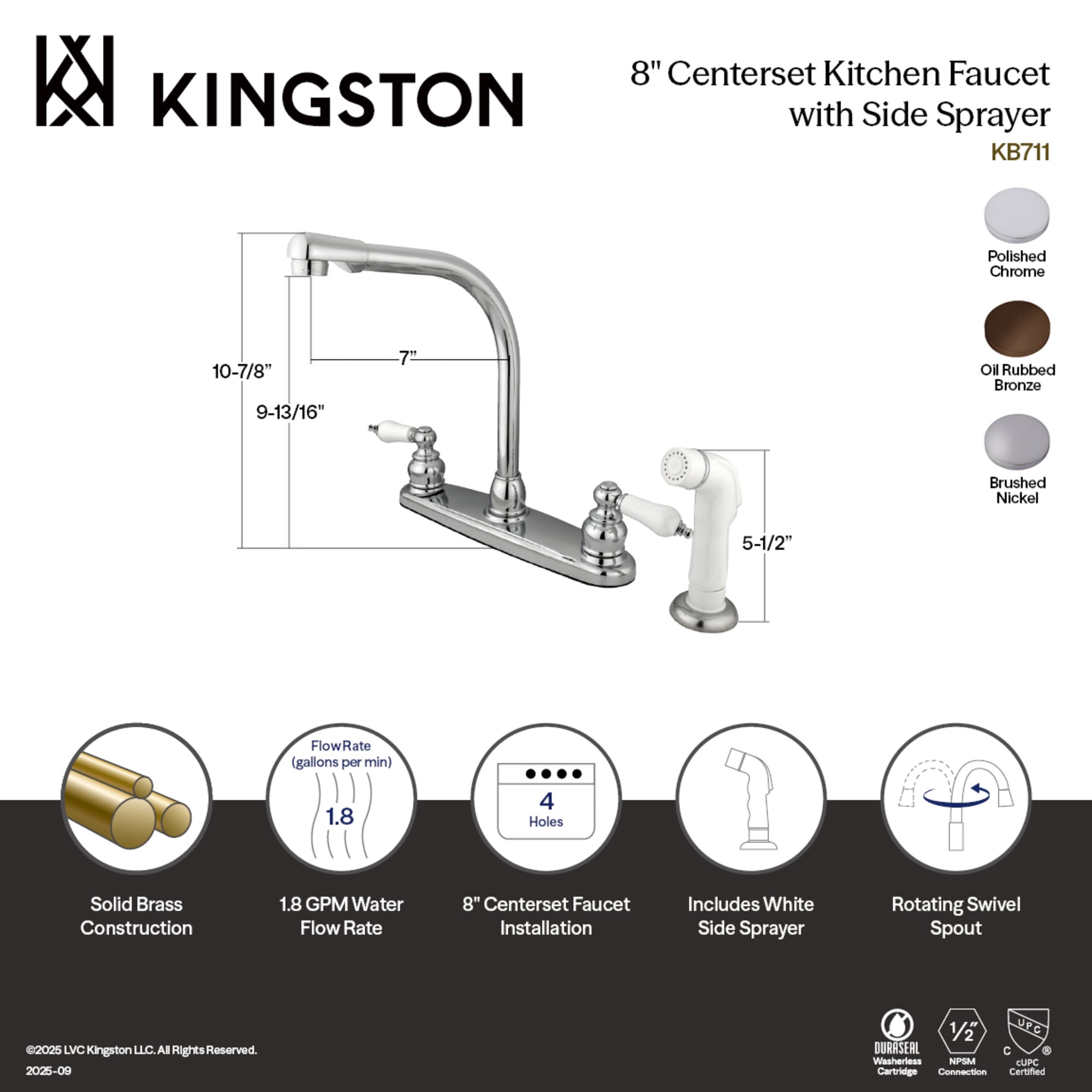 Kingston KB718 Victorian Two-Handle 4-Hole 8" Centerset Kitchen Faucet with Side Sprayer in Brushed Nickel