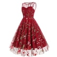 thumbnail image 2 of IBTOM CASTLE Women Vintage Dress 1950s Sleeveless Mesh Patchwork Cocktail Swing Dress Floral Embroidery Flare A-Line Dress Wedding Guest Evening Prom Gown M Red, 2 of 8