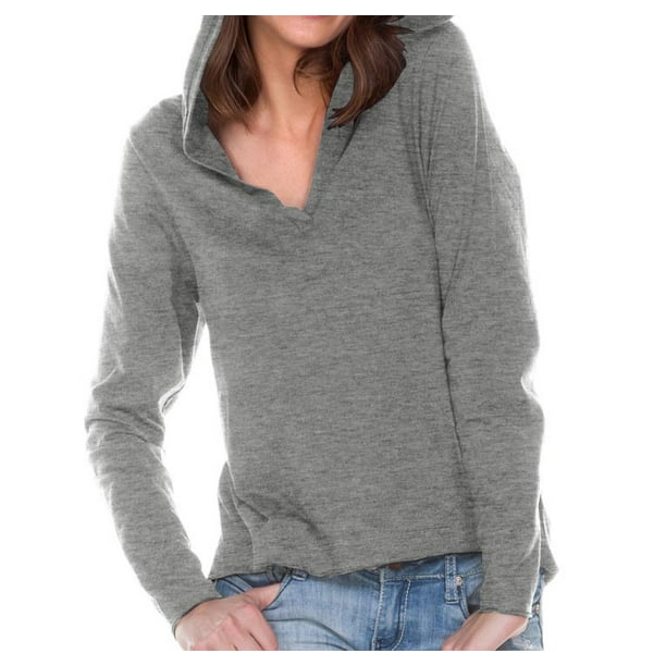 Kavio Women Sheer Jersey VNeck HighLow Long Sleeve Hoodie, Style