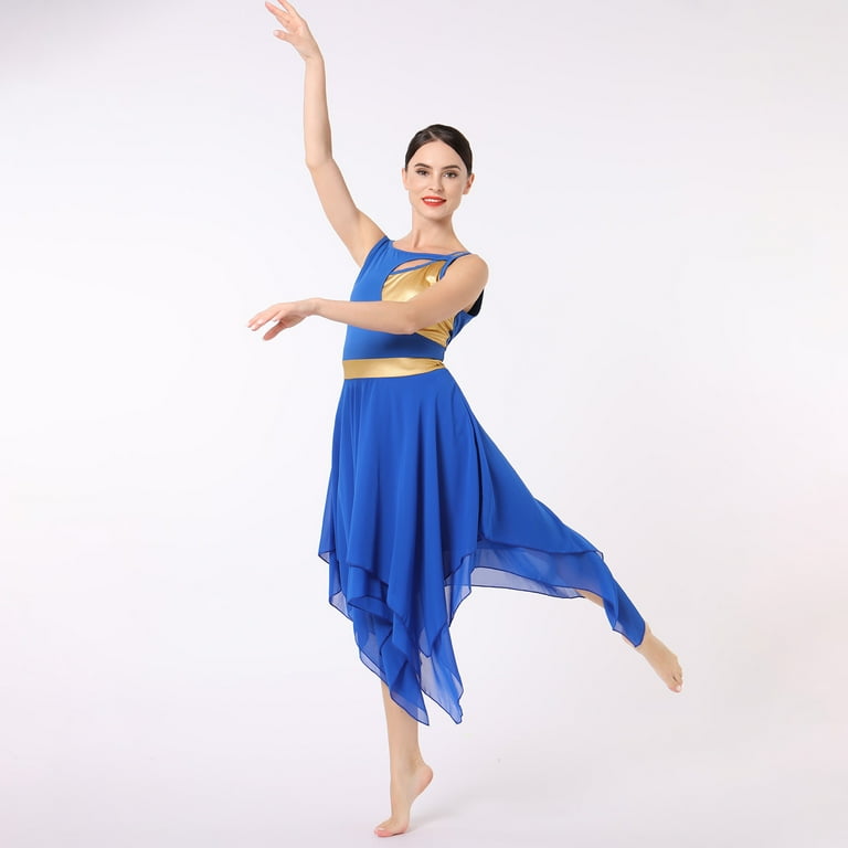 IDOPIP Women's Lyrical Dance Costume Sleeveless Cutout Metallic Patchwork Lyrical  Dress XS Blue - Walmart.com