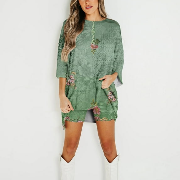 New for Fall! HIMIWAY Shirt&Short suit for Women Stylish Sleek Modern Versatile Ensemble Vintage Floral Round Neck 2pc Set Refreshing and Fashion-Forward Green S