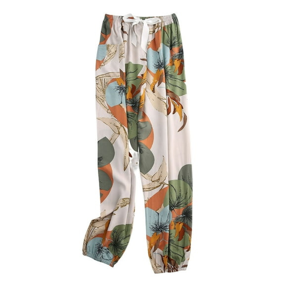 Hxshgdsn Womens Casual Pants Wide Leg Elastic Waist Tie Hawaii Floral Print Cropped Leg Comfy Tapered Pants with Pockets,Beige,Free Size