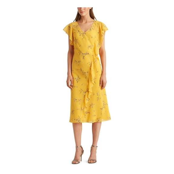 RALPH LAUREN $165 Womens New Yellow Floral Short Sleeve Fit   Flare Dress 6 B B