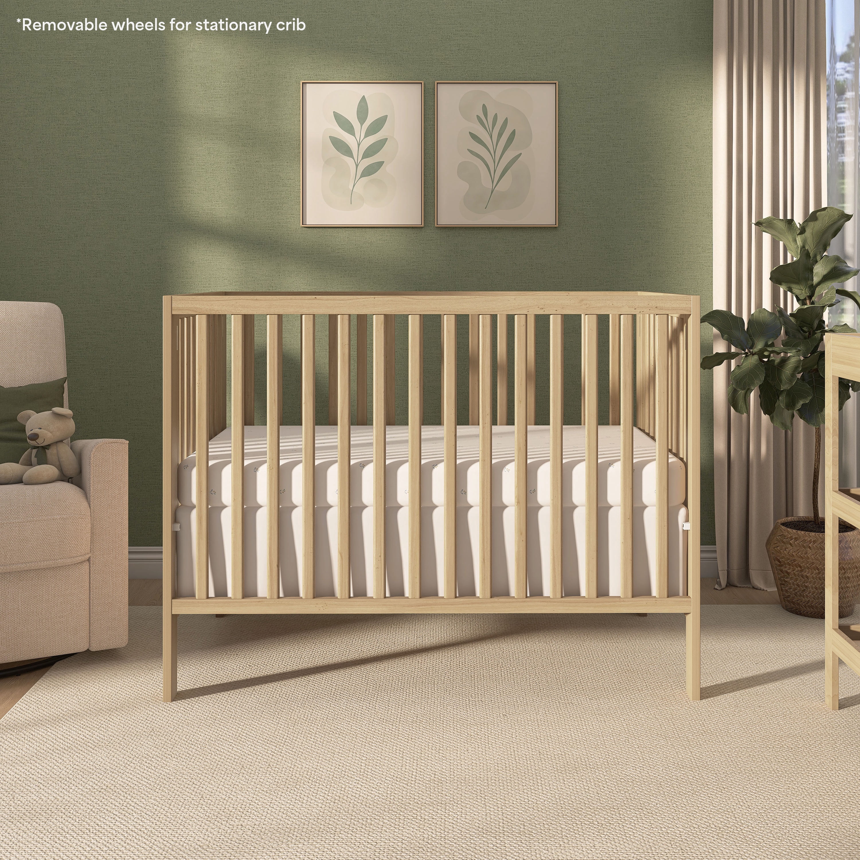 Dream On Me Quinn Full-Size Folding Crib, Removable Wheels, Modern Nursey, Adjustable Mattress Support, Patent Folding System in Natural