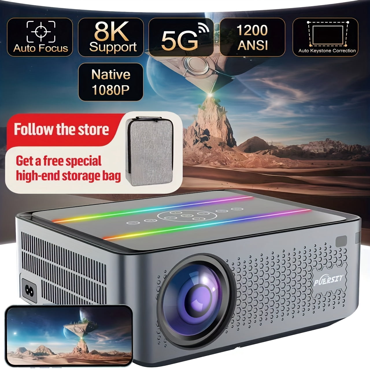 8K Supported 1200 ANSI Projector, Native 1080P Auto Focus, 5G WiFi & Auto 4D Keystone, Compatible with PS5/Smartphone/Laptop