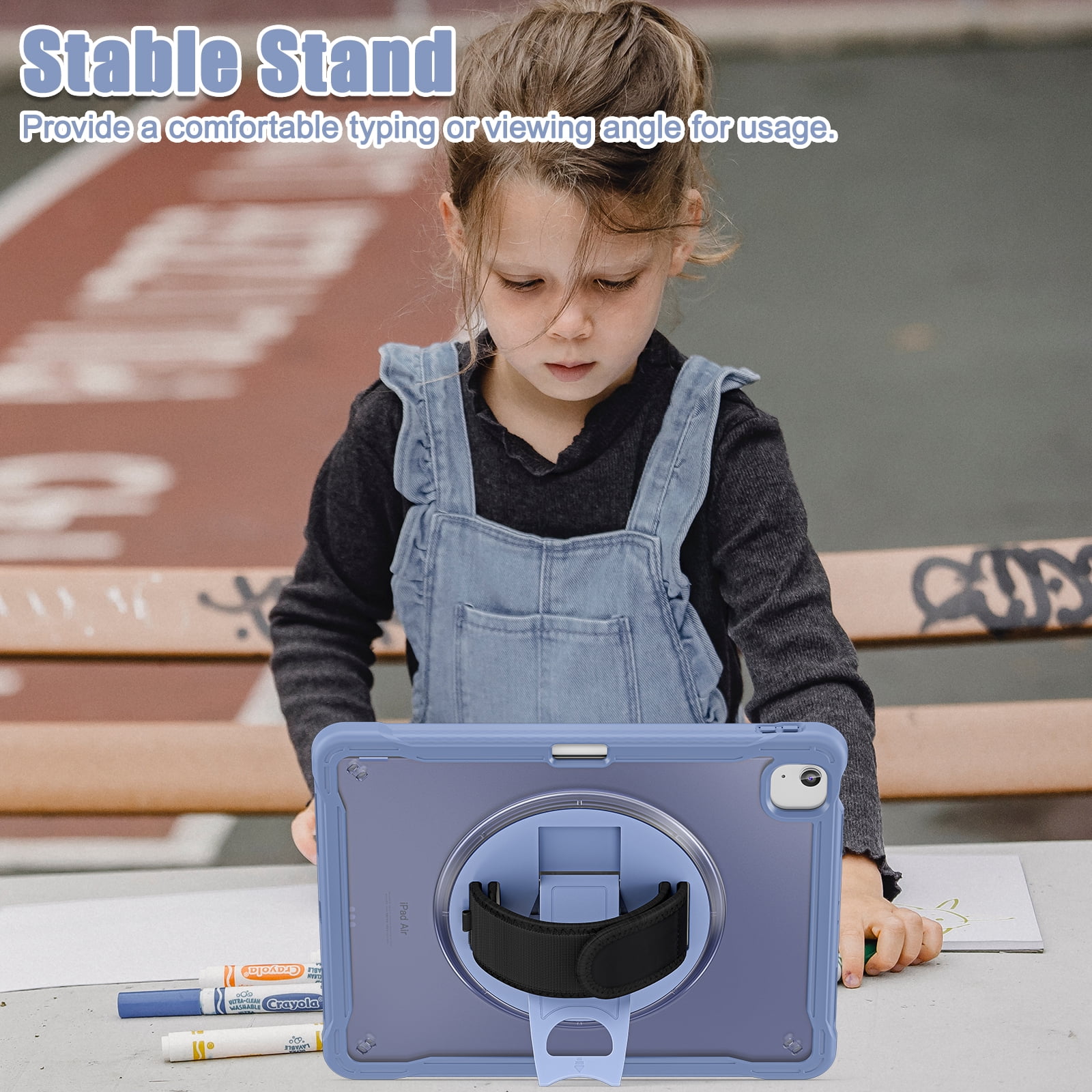 Dteck Case for iPad Air 13 inch 2025/2024,Military Grade Shockproof Silicone Cover 360° Rotatable Stand- Shoulder Strap- Handle- Pencil Holder for iPad Air 13-in. M3/M2,Grey