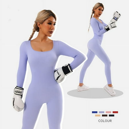 

Women Yoga Jumpsuits Workout Ribbed Long Sleeve Sport Jumpsuits Square Neck Bodysuit Workout Rompers Exercise Jumpsuits One Piece Romper Workout Playsuit