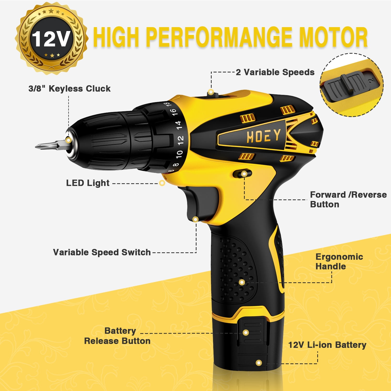 Cordless Drill Set, 12V Power Drill Set Electric Screwdriver Driver Tool Kit for Women, 3/8" Keyless Chuck 1 Battery & Charger with Storage bag