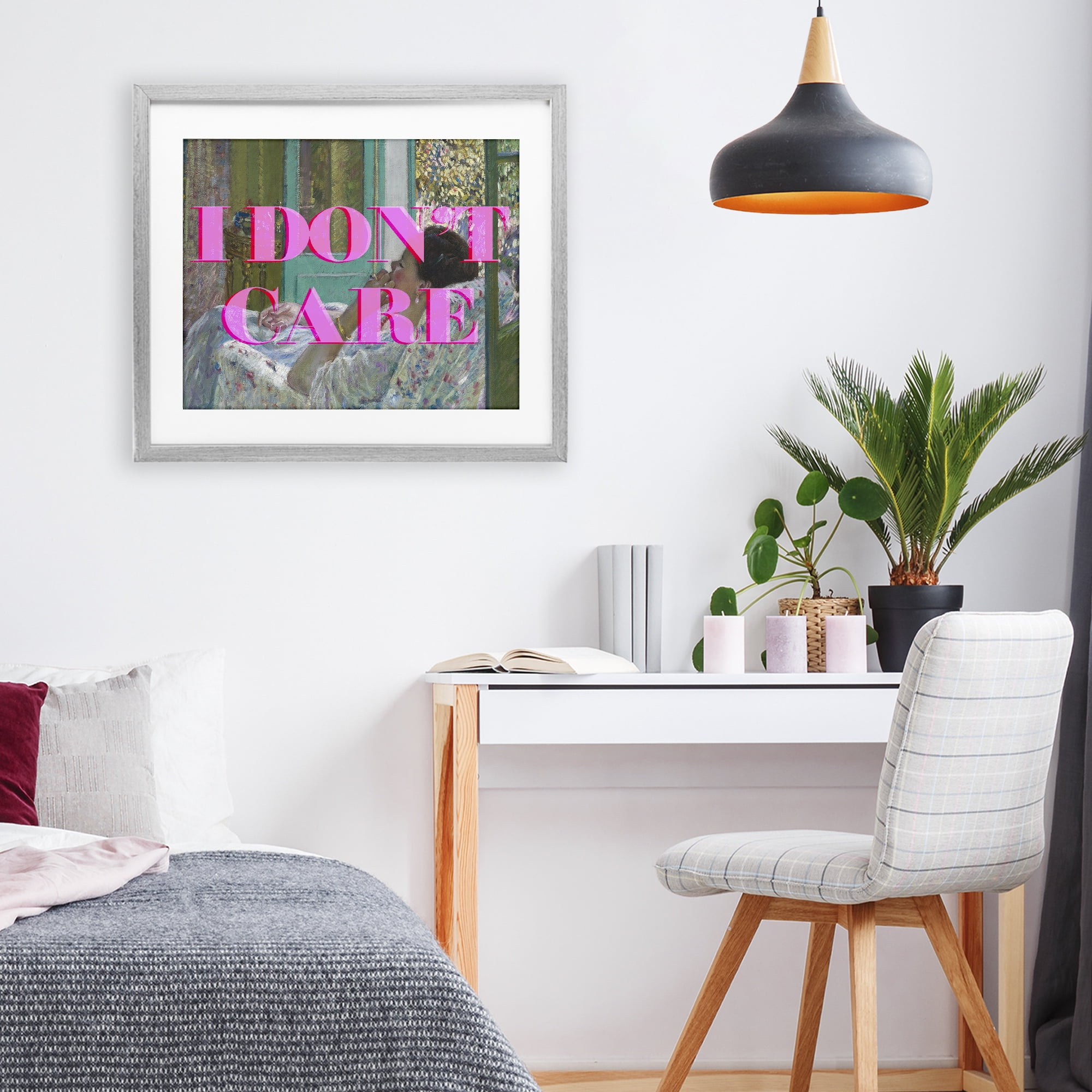 I Don't Care over Classic Painting Gray Framed Print Under Glass, design by Lil' Rue