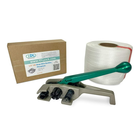 IDL Packaging 1/2" x 1500' PRO Woven Cord Strapping Kit, 650 lbs Break Strength. HD Polyester Cord Strapping Tensioner, Strapping Buckles and Woven Cord Strapping Roll