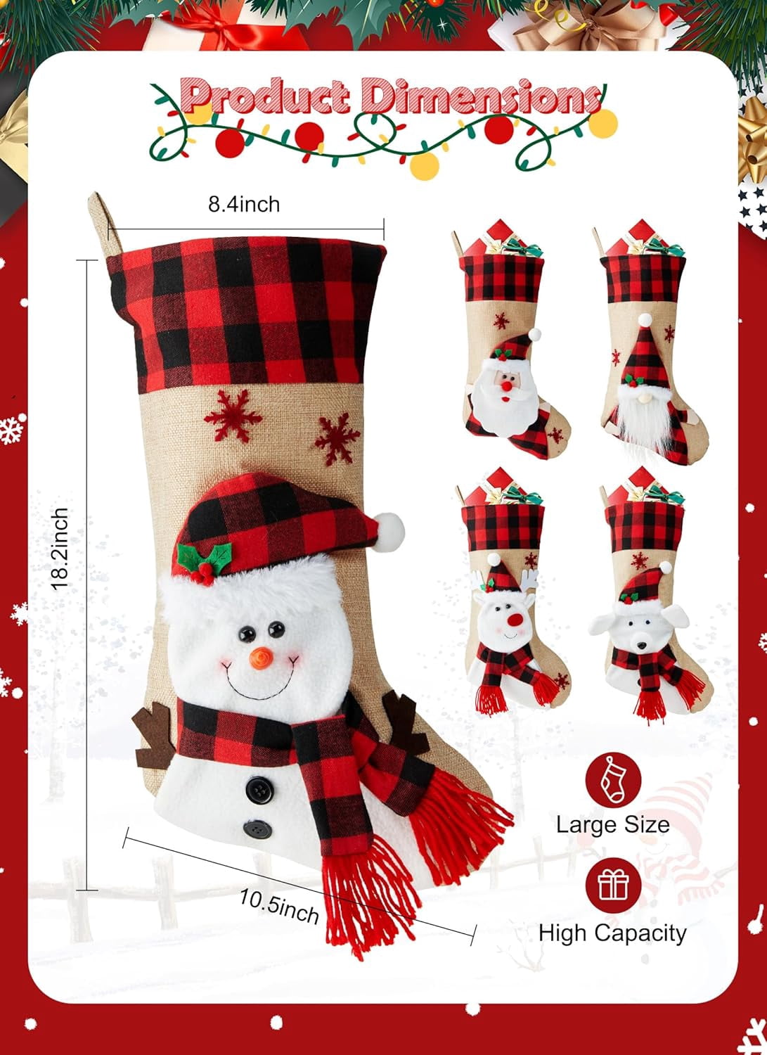 TETOU 4Pcs 18" Christmas Stocking, Burlap Plaid Xmas Stocking with Personalized Name Tag & 3D cartoon Character Santa Snowman Elk Gnome, Christmas Decoration for Indoor Family Kids Holiday Party