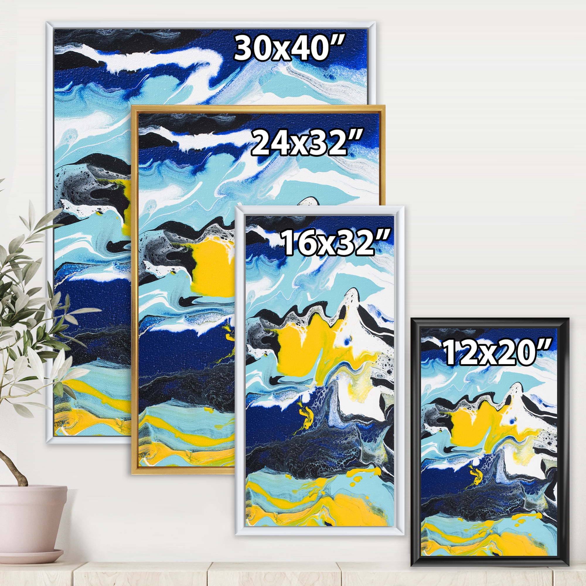Designart 'Abstract Marble Composition In Blue and Yellow II' Modern Framed Canvas Wall Art Print