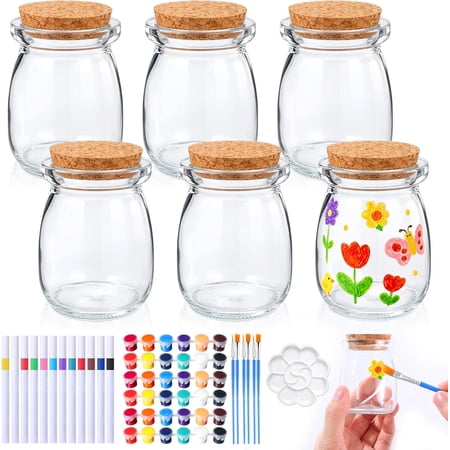 6 Set Paint Your Own Glass Jar Kit Included Clear Glass Pudding Jars with Markers Art DIY Set for Teen Adults Decor Craft Project Birthday Party Activities