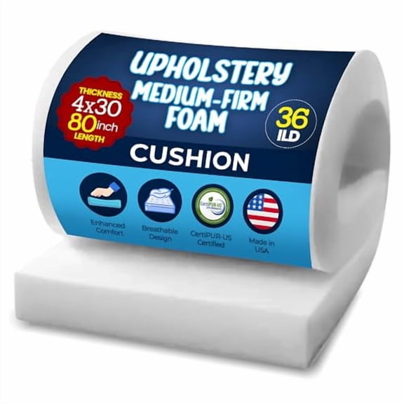Isellfoam High Density Upholstery Foam Cushion, 4" H x 30" W x 80" L (Medium Firm) 36ILD, Upholstery Foam High Density, CertiPUR-US Certified Foam, Made in USA$$Art & Craft