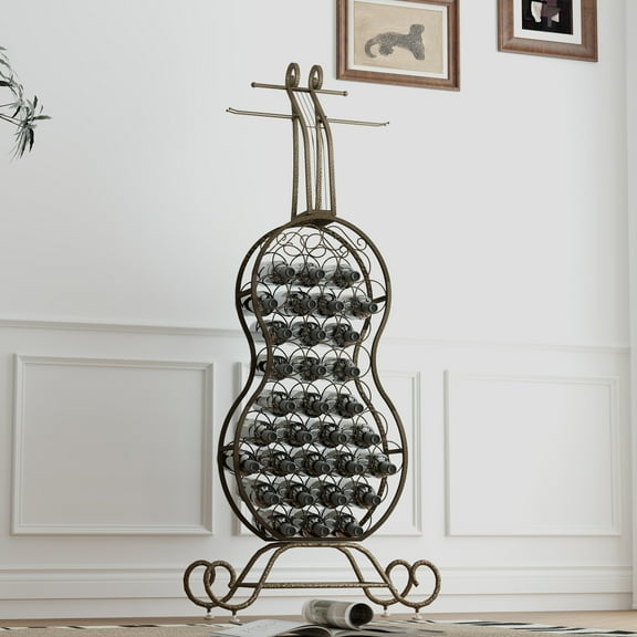 67.4 inch Tall Freestanding Cello-Shape Wine Rack Metal Space-Saving Wine Bottle Storage Organizer for 30 Bottles for Kitchen Dining Room Home Bar, Antique Brown