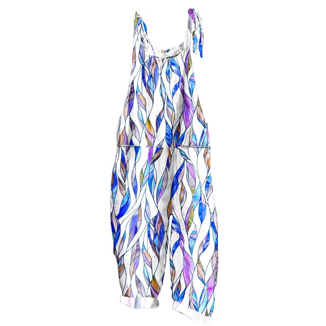 yoeyez Rompers for Women Summer,Ladies Print Summer Plus Size Long Jumpsuits Sleeveless Adjustable Straps Backless Overalls Jumpsuits With Pockets Blue,M