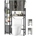 thumbnail image 3 of iSunirm Over The Toilet Storage Cabinet with Doors, 7 Tier Freestanding Bathroom Organizer with Adjustable Shelf & 4 Hooks for Bathroom, Restroom, Laundry, Black Oak, 3 of 7