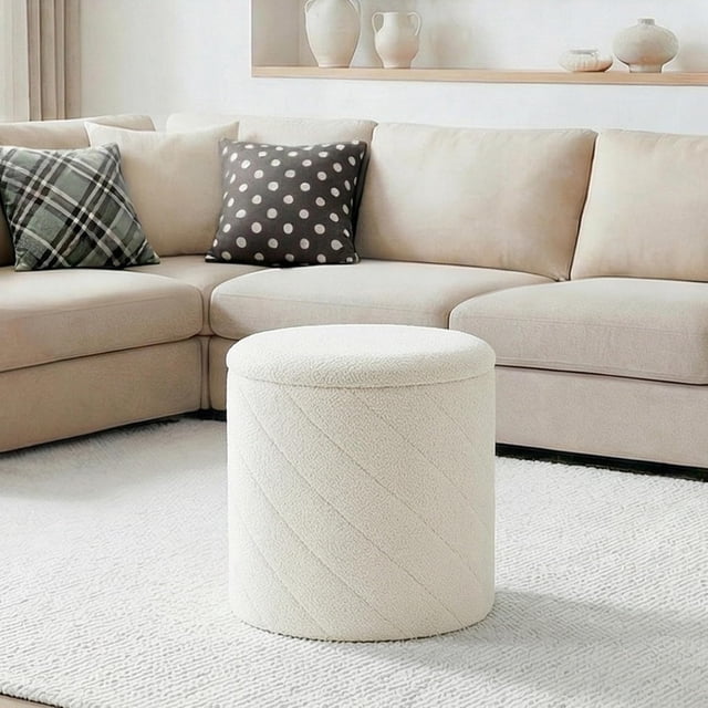 Ottoman Rond en Bouclé de 17 Pouces avec Rangement - Table Basse Ottoman Pliable pour Salon et Chambre - Blanc