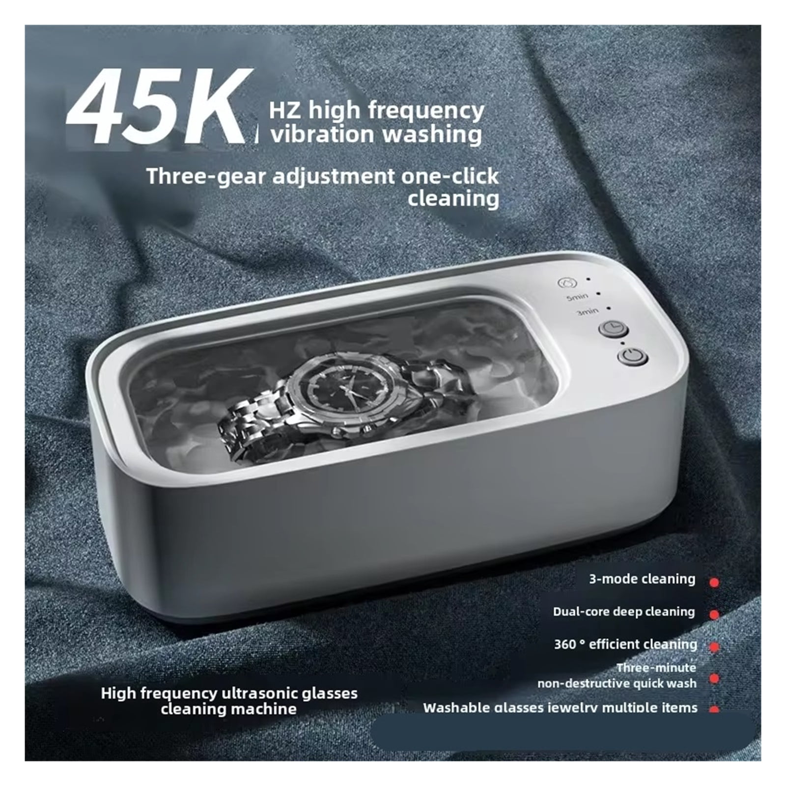 Portable Ultrasonic Cleaning Machine 45KH High Frequency Vibration Cleaner 360° Timing Washing for Jewelry/Eyeglass/Makeup Tool
