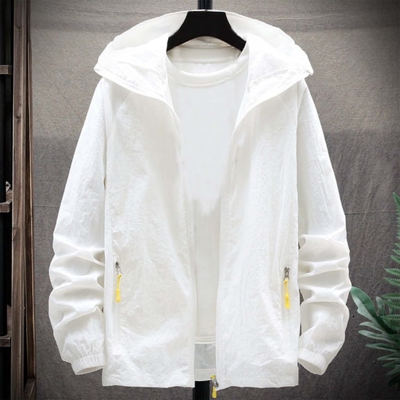 GUZOM Mens Lightweight Nylon Hooded Windbreaker Jacket UPF 50  Sun Protection Breathable Active Outdoor Travel Casual with Zippered Pockets White,Size M