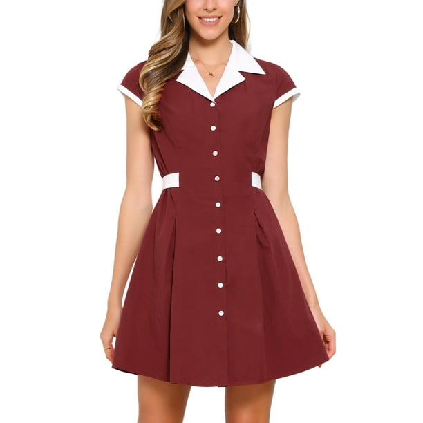 CAMISA DE VESTIR DE BOTONES PARA MUJER INSPIRE CHIC CON CUELLO DE MUESCA Y MANGA CORTA, VESTIDOS DE TRABAJO CON CINTURÓN M BURDEOS OSCURO