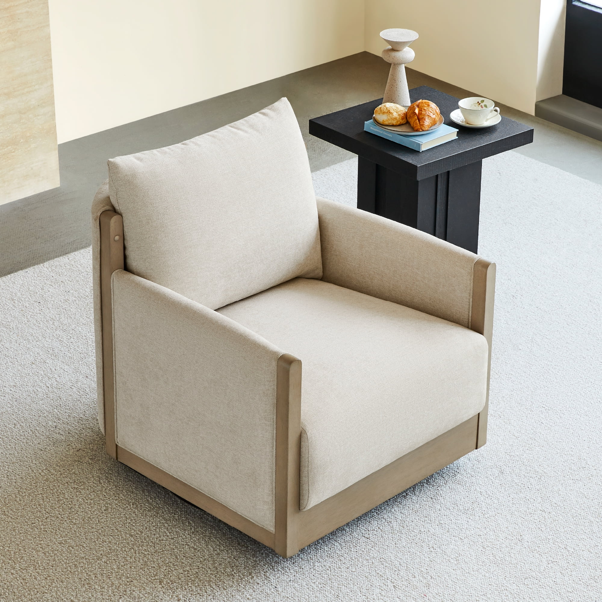 Spruce & Spring Mid-Century Modern Swivel Accent Chair with Curved Back and Upholstered Arms Single, Linen&Grey Wood