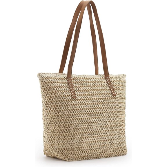 HMSHA Lightweight Straw Bag, Straw Beach Bag for Women, Large Woven Summer Tote Handbag Shoulder Bag for Outdoor Vacation