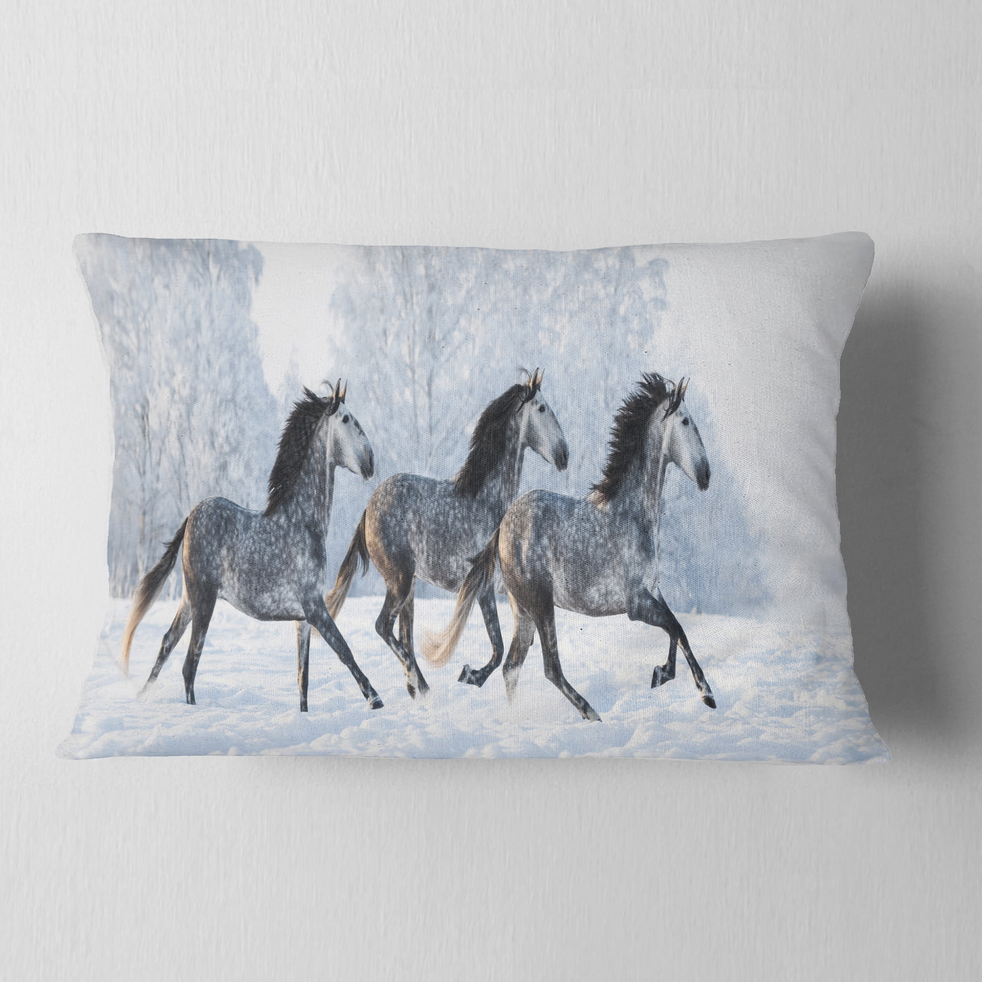 Designart Herd of Horses Run Across Snow - Landscape Printed Throw Pillow - 12x20