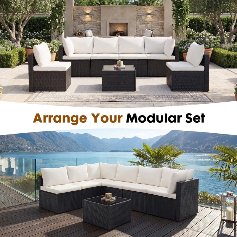 Gianna 7 Piece Outdoor Patio Sectional Sofa, Modular Wicker Furniture Set with 2.8" Thick Cushions, Adjustable Feet, All-Weather Rattan Outdoor Couch for Backyard, Poolside, Black