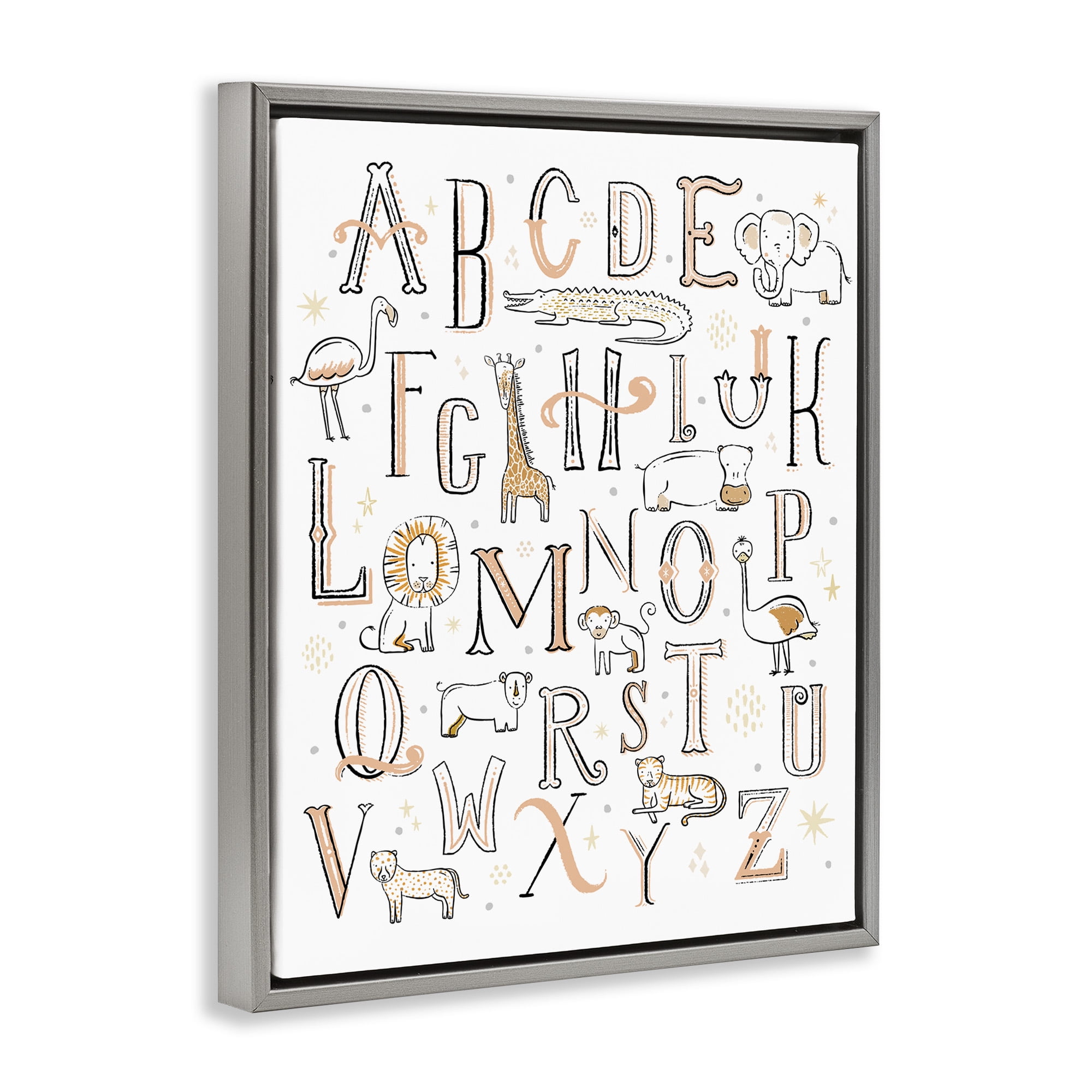 Stupell Industries Nursery Animal Alphabet Chart Art for Kids Painting Gray Floater Framed Canvas Art Print Wall Art, 25 x 31
