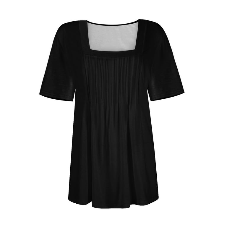 Women's Loose Fit Pleated Square Neck T-Shirt - Summer Casual Blouse Top
