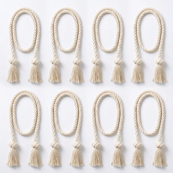 8 Pack Beige Cotton Rope Curtain Tiebacks, Knotted Tassel Holdbacks for Bedroom Living Room Window Decor