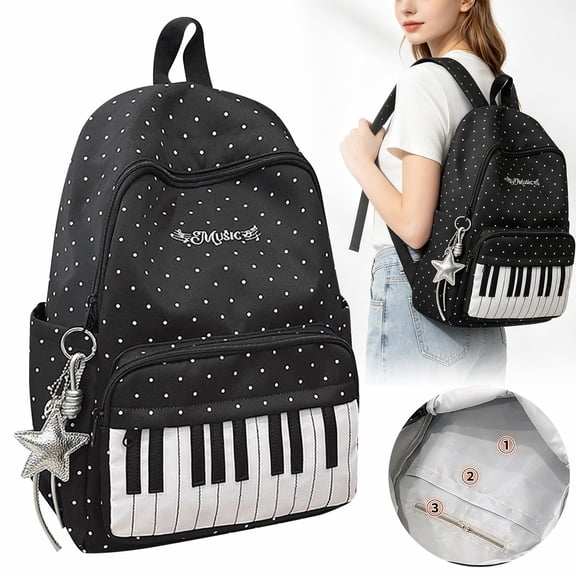 1Pc Clearance Under $12 Piano Print Backpack Piano Backpack Canvas For School Carrying Books In Black Piano Backpack Music Theme Black