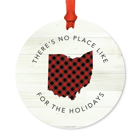 US State Round Metal Christmas Ornament, Red Plaid on Light Rustic Wood, Ohio, Includes Ribbon and Gift Bag