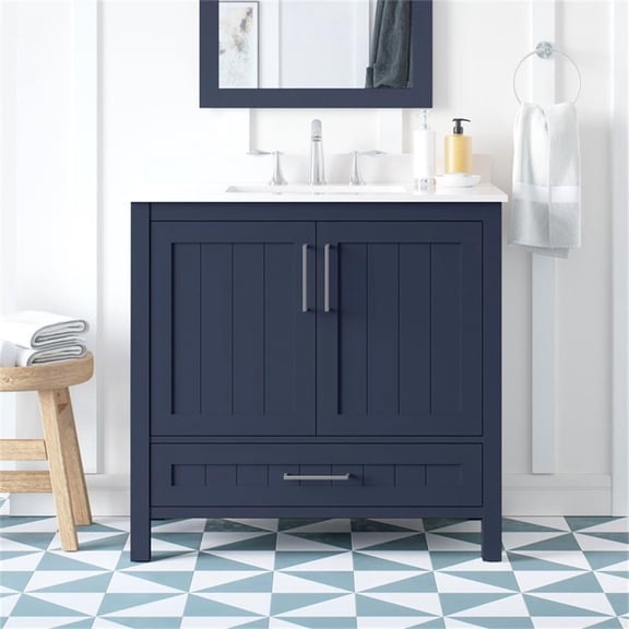 Pemberly Row 36" Bathroom Vanity in Midnight Blue with White Countertop
