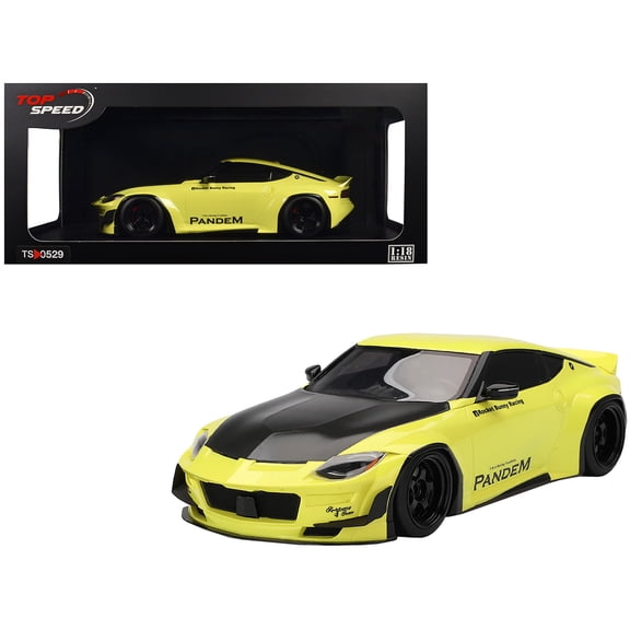 Nissan Z (RZ34) "Pandem" Ikazuchi Yellow with Matt Black Hood 1/18 Model Car by Top Speed