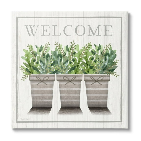 Stupell Industries Welcome Sign Cottage Theme Potted Plants Botanicals Canvas Wall Art, 24 x 24, Design by Elizabeth Tyndall