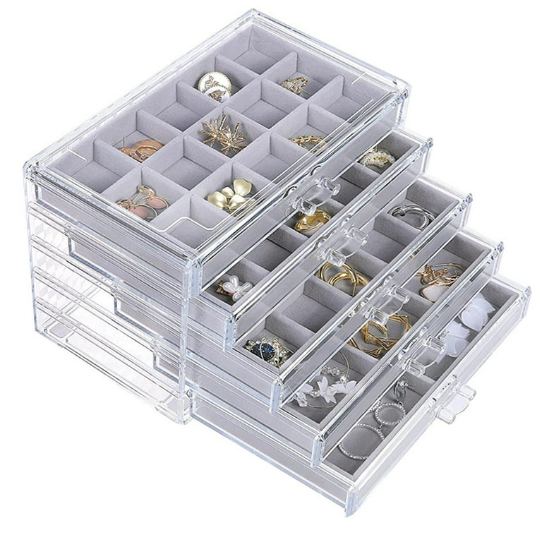 Jewelry Organizer with 5 Drawers Clear Acrylic Jewelry Box Gift for Women  Mens kids and Little girl Stackable Velvet Earring Display Holder,75 Grids  Gray 