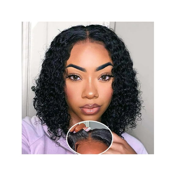 Curly Short Bob Lace Front Wig for Women, Deep Wave Virgin Hair Look, Pre-Plucked Hairline, Black Fashion Wig 14 in