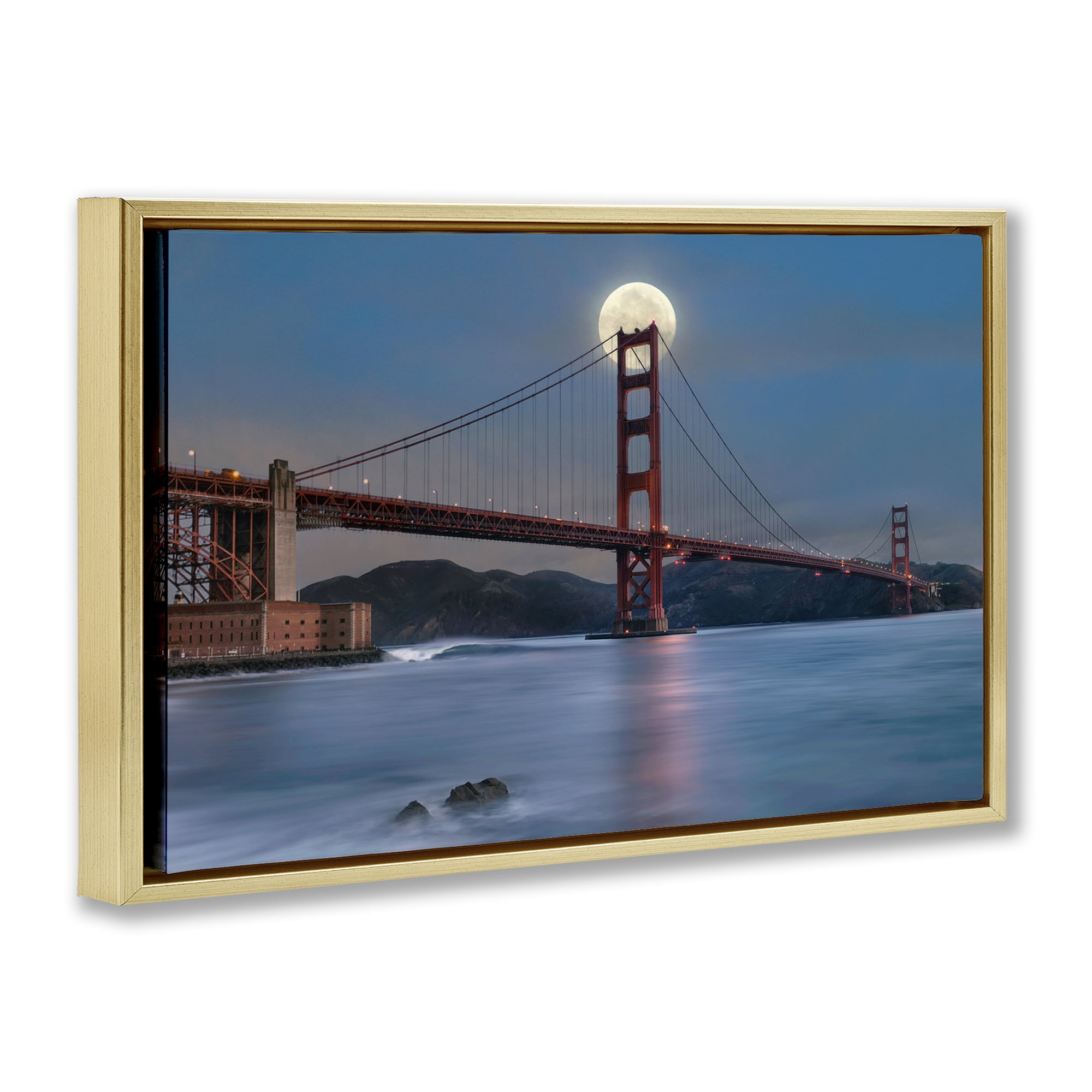Stupell Industries Moonlit Bridge Landmark Scenic & Cityscapes Painting Gold Floater Framed Canvas Art Print Wall Art, 25 x 17