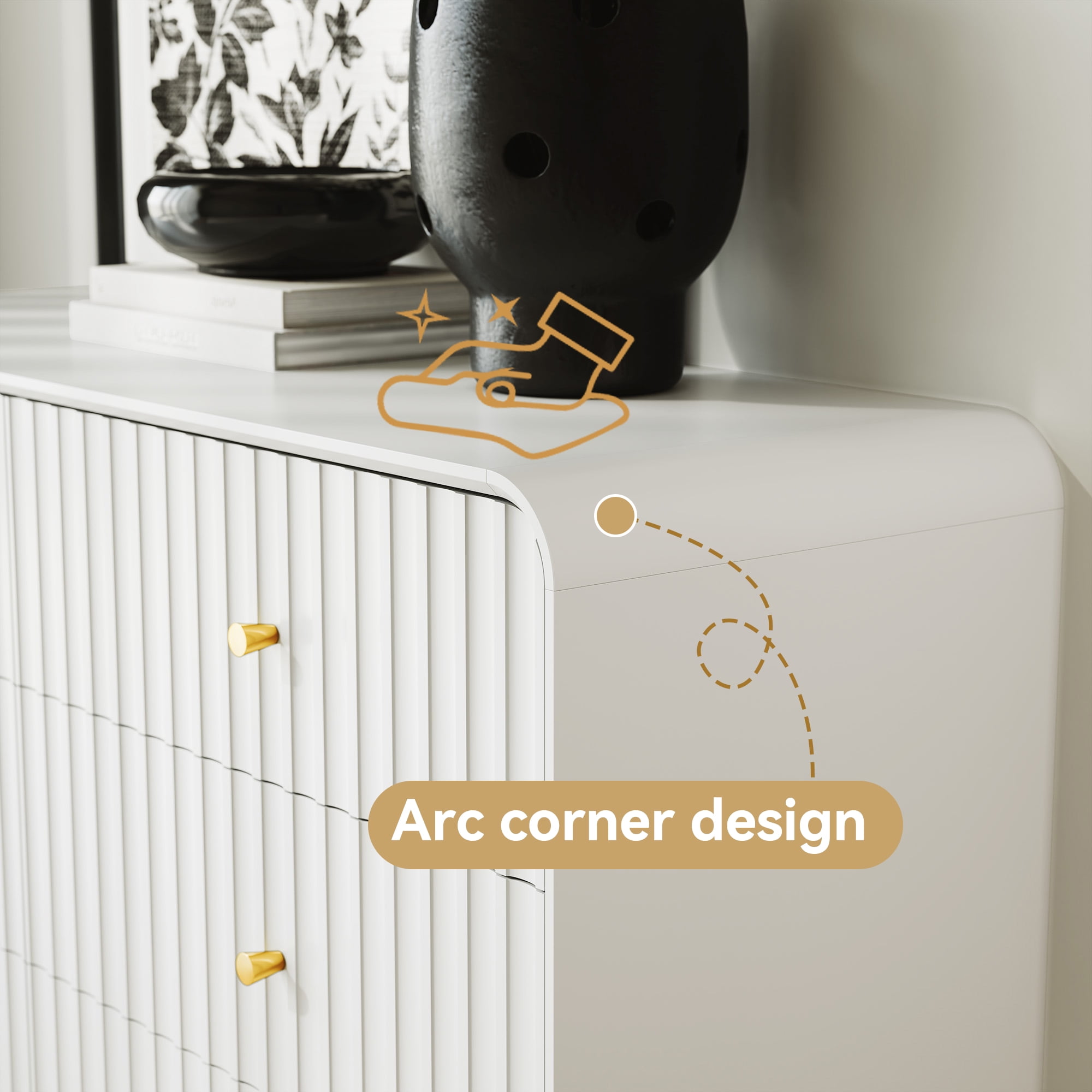 HLR 6 Drawers Dresser for Bedroom, 54'' W Modern Fluted Storage Chest of Drawers for Hallway, White