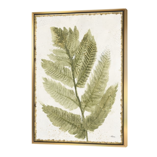 Simple Forest I - Floral & Botanical Framed Canvas featuring a detailed green fern design on a textured white background. The artwork is printed on premium quality cotton canvas with fade-resistant ink and tightly stretched over a 1-inch wooden subframe. It is enclosed in a sleek gold frame and arrives ready to hang, suitable for farmhouse or traditional decor styles.