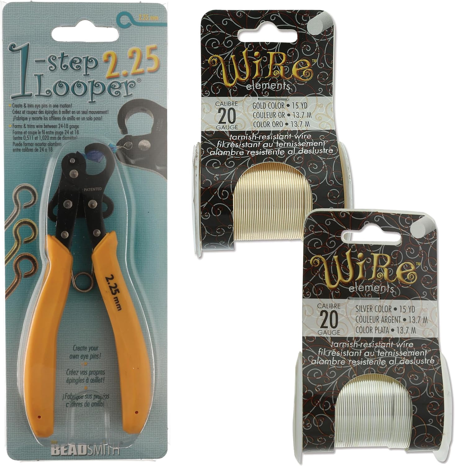The Beadsmith Looper Kit - Includes a 1-Step Looper Plier (2.25 mm) & 2 Tarnish-Resistant 20 Gauge Wire Spools, 15 Yards Each in Silver & Gold – Create Consistent Loops for Wire Jewelry in One Step