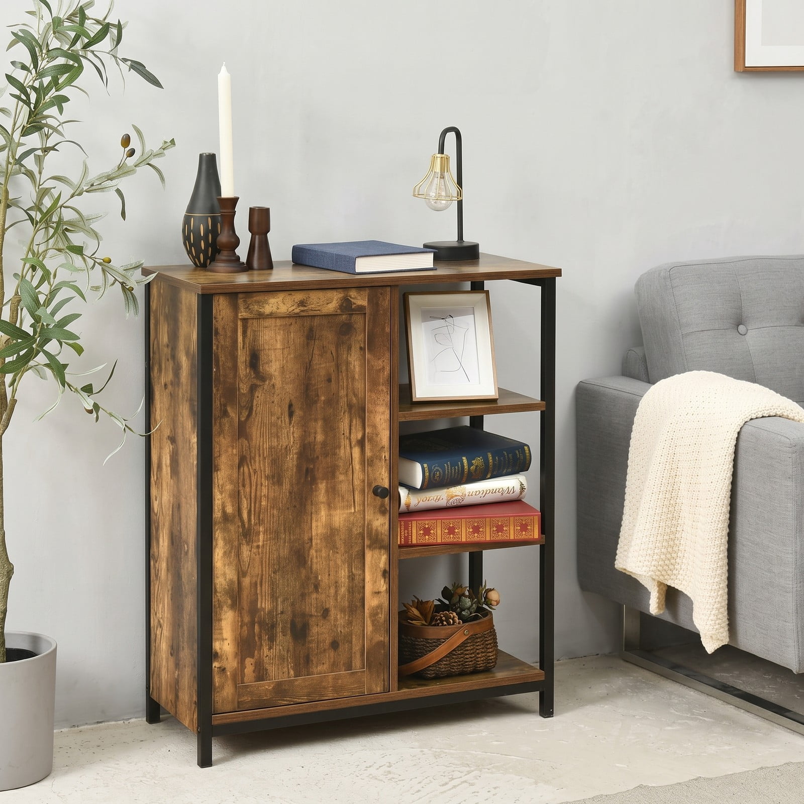 Furnibear Multipurpose Freestanding Storage Cabinet with 3 Open Shelves and 2 Doors, Industrial Wood Metal Accent Storage Cabinet for Living Room, Rustic Brown Black