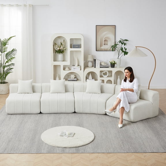 Newest Curved Symmetrical Modular Chenille Sectional Sofa with 4 Pillows and No Assembly, Beige