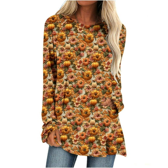 Raeneomay Long Sleeve Shirts for Women Oversize Thanksgiving Round Neck Solid Color Loose T-Shirt Top