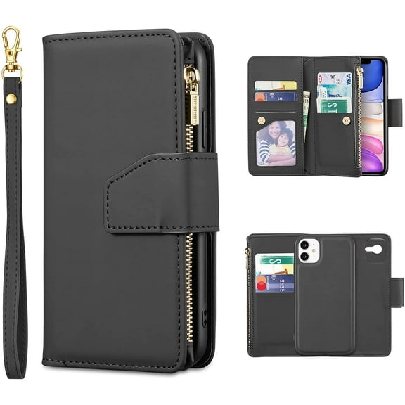 Case for iPhone 13 Pro Max 6.7 inch, Glossy PU Leather 9 Card Slots Magnetic Closure Detachable Wrist Strap Zipper Wallet Shockproof Removable Back Cover Case - Black